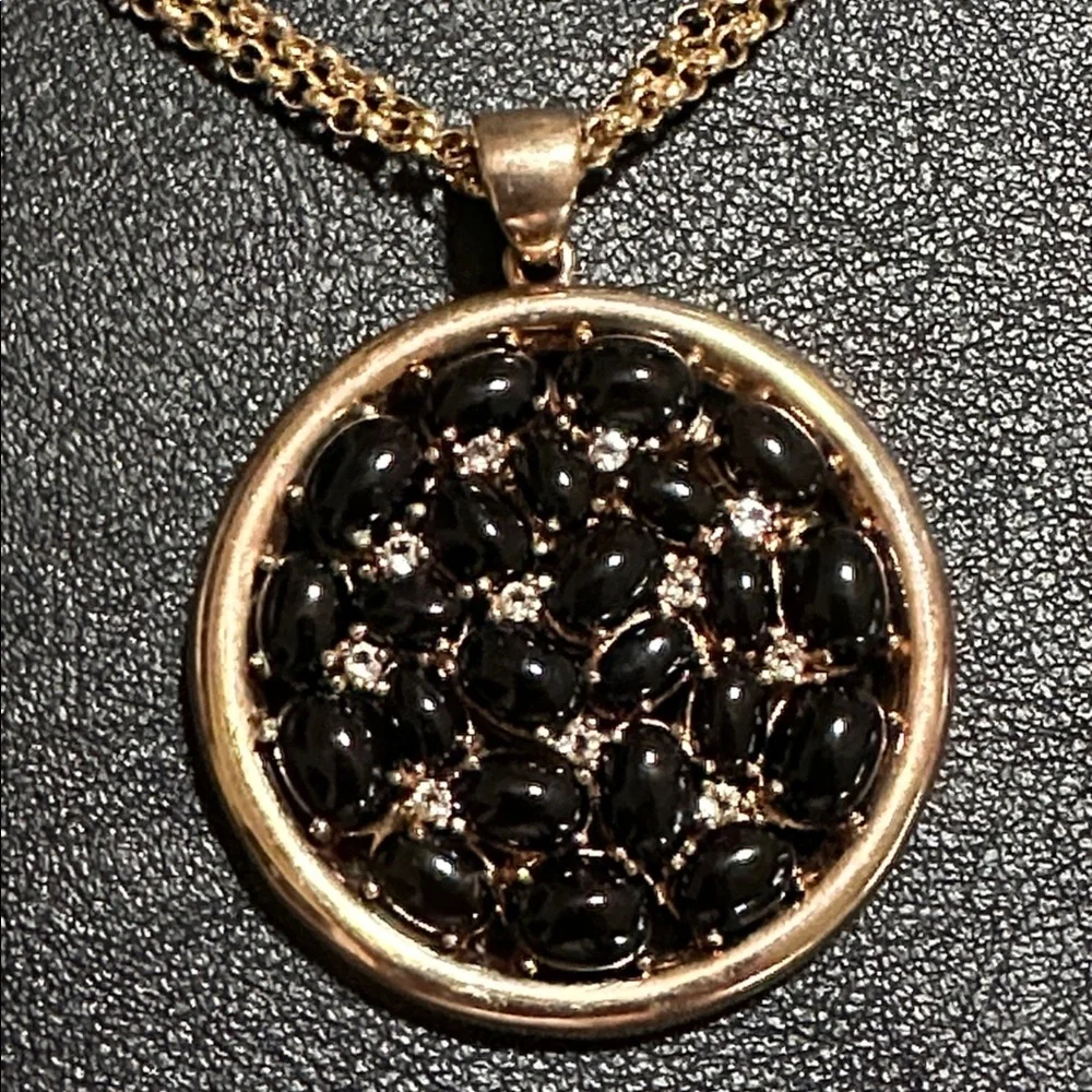 Bronze Milor Italy Black Cabochon & Faceted Gemstones Pendant Vintage Necklace